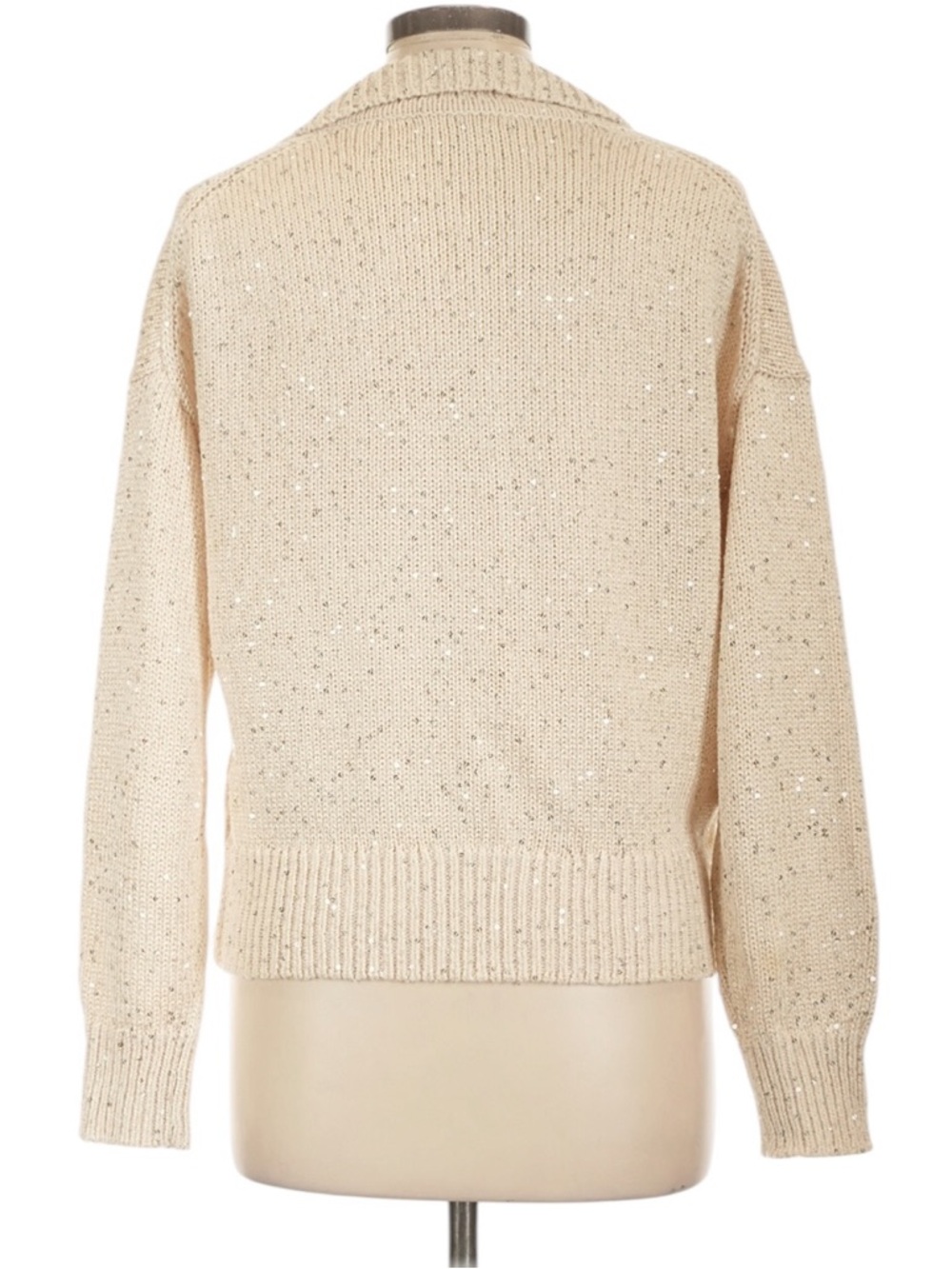 J. Crew Sequin Sweater Polo Size Large Cream V-Neck Collar Sparkle Holiday - Picture 3 of 8